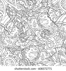 Tracery seamless pattern. Mehndi design. Ethnic monochrome binary doodle texture. Curved doodling black and white background. Vector