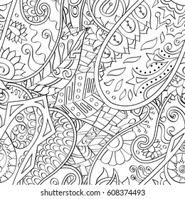 Tracery seamless pattern. Mehndi design. Ethnic monochrome binary doodle texture. Curved doodling black and white background. Vector