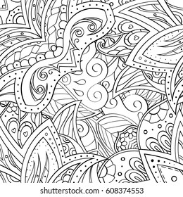 Tracery seamless pattern. Mehndi design. Ethnic monochrome binary doodle texture. Curved doodling black and white background. Vector