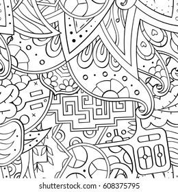 Tracery seamless pattern. Mehndi design. Ethnic monochrome binary doodle texture. Curved doodling black and white background. Vector