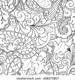 Tracery seamless pattern. Mehndi design. Ethnic monochrome binary doodle texture. Curved doodling black and white background. Vector