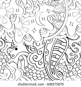 Tracery seamless pattern. Mehndi design. Ethnic monochrome binary doodle texture. Curved doodling black and white background. Vector