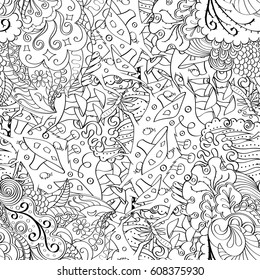 Tracery seamless pattern. Mehndi design. Ethnic monochrome binary doodle texture. Curved doodling black and white background. Vector