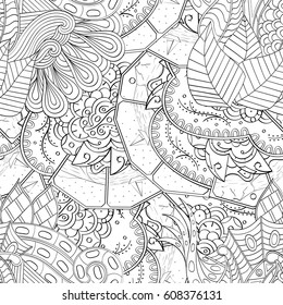 Tracery seamless pattern. Mehndi design. Ethnic monochrome binary doodle texture. Curved doodling black and white background. Vector