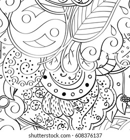 Tracery seamless pattern. Mehndi design. Ethnic monochrome binary doodle texture. Curved doodling black and white background. Vector