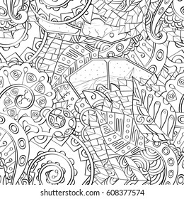 Tracery seamless pattern. Mehndi design. Ethnic monochrome binary doodle texture. Curved doodling black and white background. Vector