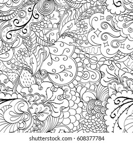 Tracery seamless pattern. Mehndi design. Ethnic monochrome binary doodle texture. Curved doodling black and white background. Vector