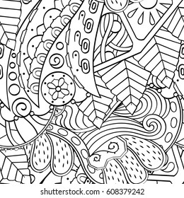 Tracery seamless pattern. Mehndi design. Ethnic monochrome binary doodle texture. Curved doodling black and white background. Vector