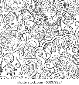 Tracery seamless pattern. Mehndi design. Ethnic monochrome binary doodle texture. Curved doodling black and white background. Vector
