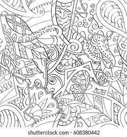 Tracery seamless pattern. Mehndi design. Ethnic monochrome binary doodle texture. Curved doodling black and white background. Vector