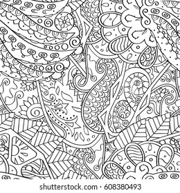 Tracery seamless pattern. Mehndi design. Ethnic monochrome binary doodle texture. Curved doodling black and white background. Vector