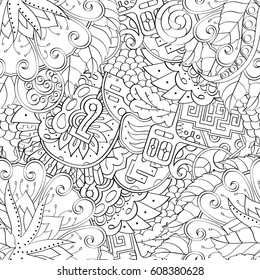 Tracery seamless pattern. Mehndi design. Ethnic monochrome binary doodle texture. Curved doodling black and white background. Vector