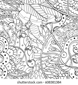 Tracery seamless pattern. Mehndi design. Ethnic monochrome binary doodle texture. Curved doodling black and white background. Vector