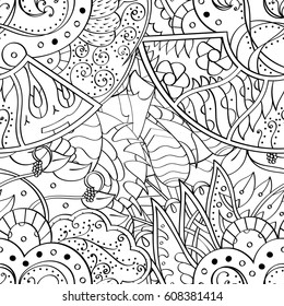 Tracery seamless pattern. Mehndi design. Ethnic monochrome binary doodle texture. Curved doodling black and white background. Vector