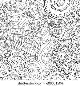 Tracery seamless pattern. Mehndi design. Ethnic monochrome binary doodle texture. Curved doodling black and white background. Vector