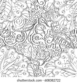 Tracery seamless pattern. Mehndi design. Ethnic monochrome binary doodle texture. Curved doodling black and white background. Vector