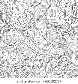 Tracery seamless pattern. Mehndi design. Ethnic monochrome binary doodle texture. Curved doodling black and white background. Vector