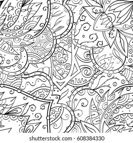 Tracery seamless pattern. Mehndi design. Ethnic monochrome binary doodle texture. Curved doodling black and white background. Vector