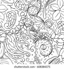 Tracery seamless pattern. Mehndi design. Ethnic monochrome binary doodle texture. Curved doodling black and white background. Vector