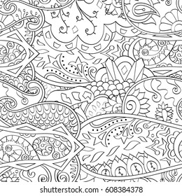 Tracery seamless pattern. Mehndi design. Ethnic monochrome binary doodle texture. Curved doodling black and white background. Vector