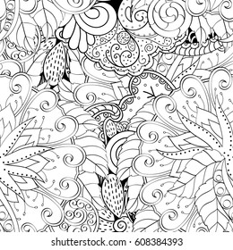 Tracery seamless pattern. Mehndi design. Ethnic monochrome binary doodle texture. Curved doodling black and white background. Vector