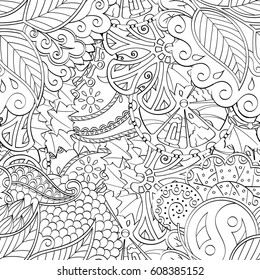 Tracery seamless pattern. Mehndi design. Ethnic monochrome binary doodle texture. Curved doodling black and white background. Vector