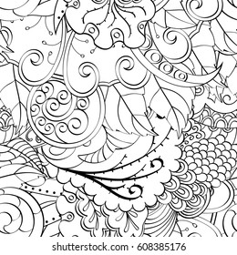 Tracery seamless pattern. Mehndi design. Ethnic monochrome binary doodle texture. Curved doodling black and white background. Vector
