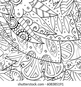 Tracery seamless pattern. Mehndi design. Ethnic monochrome binary doodle texture. Curved doodling black and white background. Vector