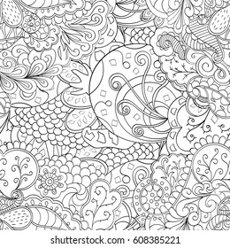 Tracery seamless pattern. Mehndi design. Ethnic monochrome binary doodle texture. Curved doodling black and white background. Vector