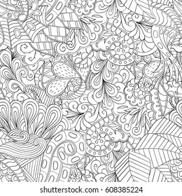Tracery seamless pattern. Mehndi design. Ethnic monochrome binary doodle texture. Curved doodling black and white background. Vector