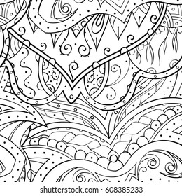 Tracery seamless pattern. Mehndi design. Ethnic monochrome binary doodle texture. Curved doodling black and white background. Vector