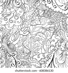 Tracery seamless pattern. Mehndi design. Ethnic monochrome binary doodle texture. Curved doodling black and white background. Vector