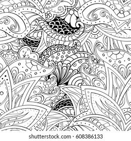 Tracery seamless pattern. Mehndi design. Ethnic monochrome binary doodle texture. Curved doodling black and white background. Vector