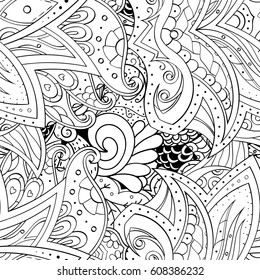 Tracery seamless pattern. Mehndi design. Ethnic monochrome binary doodle texture. Curved doodling black and white background. Vector