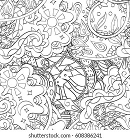 Tracery seamless pattern. Mehndi design. Ethnic monochrome binary doodle texture. Curved doodling black and white background. Vector