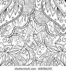 Tracery seamless pattern. Mehndi design. Ethnic monochrome binary doodle texture. Curved doodling black and white background. Vector