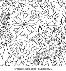 Tracery seamless pattern. Mehndi design. Ethnic monochrome binary doodle texture. Curved doodling black and white background. Vector