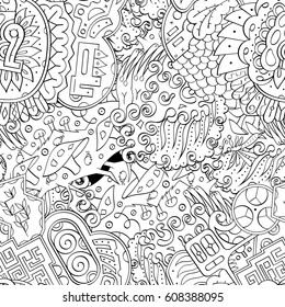 Tracery seamless pattern. Mehndi design. Ethnic monochrome binary doodle texture. Curved doodling black and white background. Vector