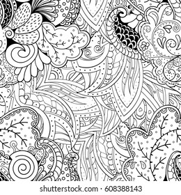 Tracery seamless pattern. Mehndi design. Ethnic monochrome binary doodle texture. Curved doodling black and white background. Vector