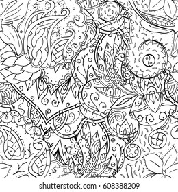 Tracery seamless pattern. Mehndi design. Ethnic monochrome binary doodle texture. Curved doodling black and white background. Vector