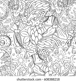 Tracery seamless pattern. Mehndi design. Ethnic monochrome binary doodle texture. Curved doodling black and white background. Vector