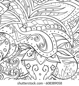 Tracery seamless pattern. Mehndi design. Ethnic monochrome binary doodle texture. Curved doodling black and white background. Vector
