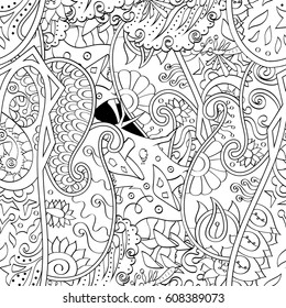 Tracery seamless pattern. Mehndi design. Ethnic monochrome binary doodle texture. Curved doodling black and white background. Vector