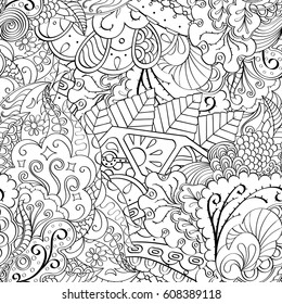 Tracery seamless pattern. Mehndi design. Ethnic monochrome binary doodle texture. Curved doodling black and white background. Vector