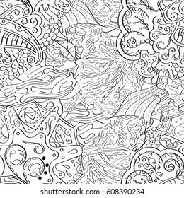 Tracery seamless pattern. Mehndi design. Ethnic monochrome binary doodle texture. Curved doodling black and white background. Vector