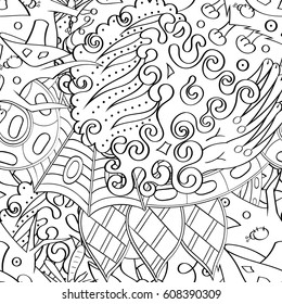 Tracery seamless pattern. Mehndi design. Ethnic monochrome binary doodle texture. Curved doodling black and white background. Vector