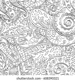 Tracery seamless pattern. Mehndi design. Ethnic monochrome binary doodle texture. Curved doodling black and white background. Vector