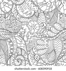 Tracery seamless pattern. Mehndi design. Ethnic monochrome binary doodle texture. Curved doodling black and white background. Vector
