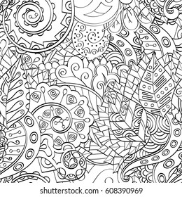 Tracery seamless pattern. Mehndi design. Ethnic monochrome binary doodle texture. Curved doodling black and white background. Vector
