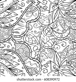 Tracery seamless pattern. Mehndi design. Ethnic monochrome binary doodle texture. Curved doodling black and white background. Vector